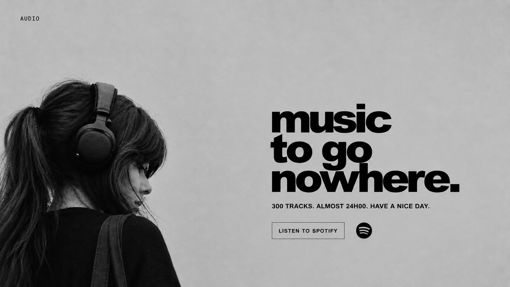 Mints wearing headphones beside the NEVERCOMEBACK music to go nowhere playlist artwork